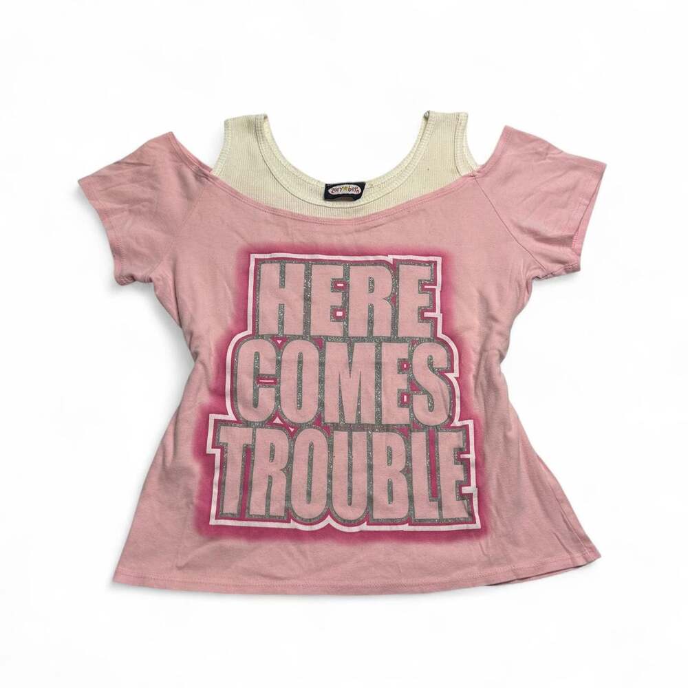 Y2K Pink "Here Comes Trouble" baby gee layered 2000s Zoey Beth fits size M-L